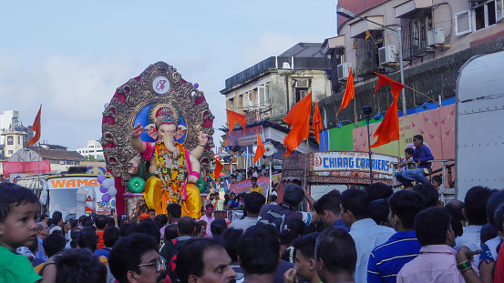 Mumbai, Maharashtra, India - September 5, 2017 : Indian Hindu God Ganesh Visarjan at Girgaum,Mumbai mass gathering of public