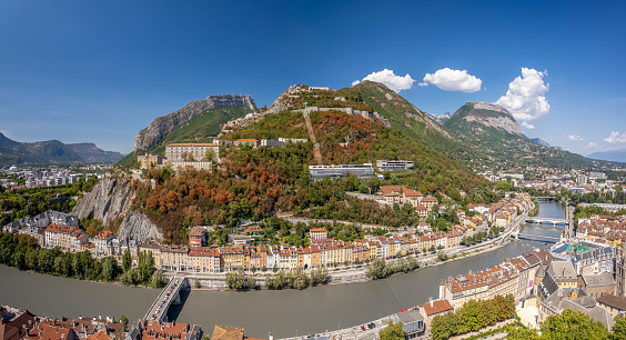 The Bastille located at the south end of the Chartreuse mountain range and overlooking the city of Grenoble, France.