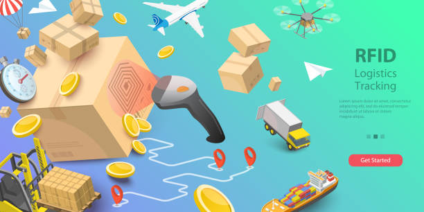 3D Vector Conceptual Illustration of RFID Logistics Tracking 3D Vector Conceptual Illustration of RFID Logistics Tracking, Tags With Electronically-stored Information traceability stock illustrations