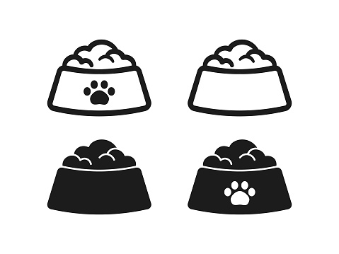 Dog, cat, animal or pet full food bowl symbol sign silhouette and outline set. Black and white logo icon flat vector clip art illustration design.