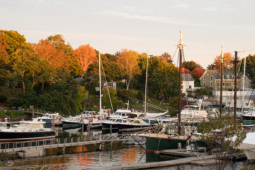 Camden, USA - October 13, 2021. Camden harbor at Sunset, Maine, USA