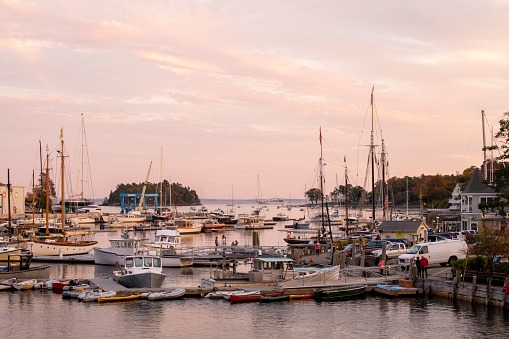 Camden, USA - October 13, 2021. Camden harbor at Sunset, Maine, USA