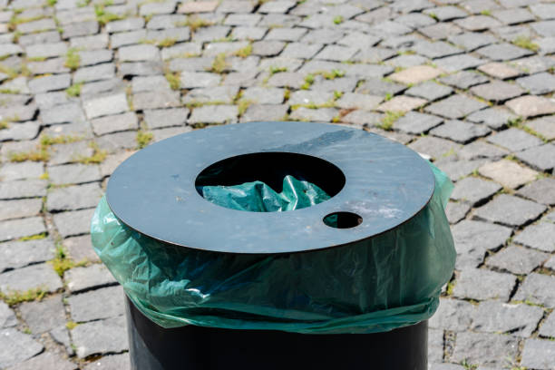 istock Top side of an empty metallic public trash bin 1422786010