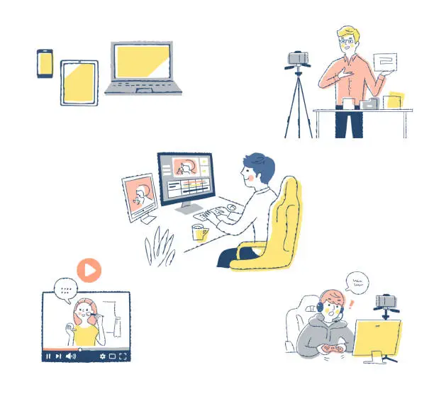 Vector illustration of A set of different video delivery scenes
