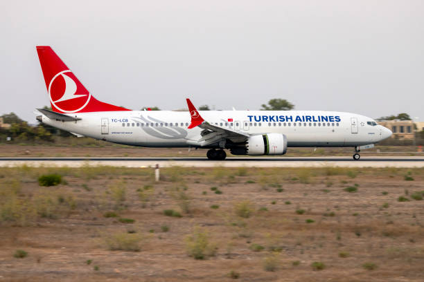 turkish airlines boeing 737-8 max on the runway - boeing 737 max stok fotoğraflar ve resimler