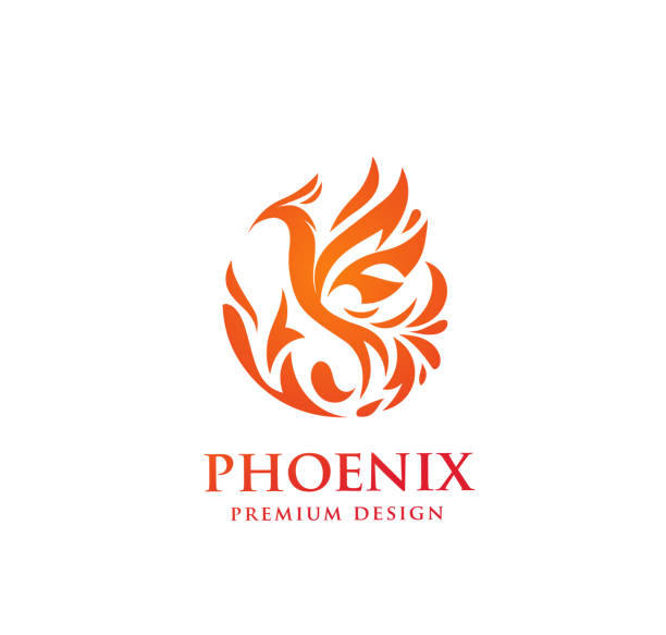 Phoenix l of mythological bird vector illustration Phoenix creative of mythological bird Fenix, a unique bird - a flame born from ashes. Silhouette of a fire bird. Logo template in form of fire and bird coming out of flame and sparks phenix stock illustrations