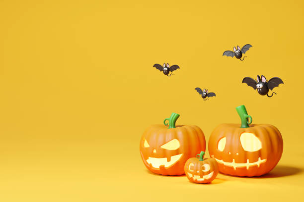 istock Three halloween Jack O' Lantern pumpkins. 3d illustration 1422789918