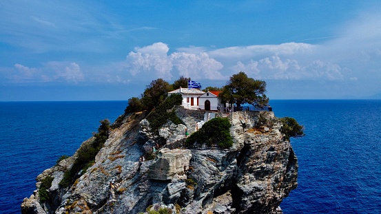 drone shot at the mamma mia musical chapel