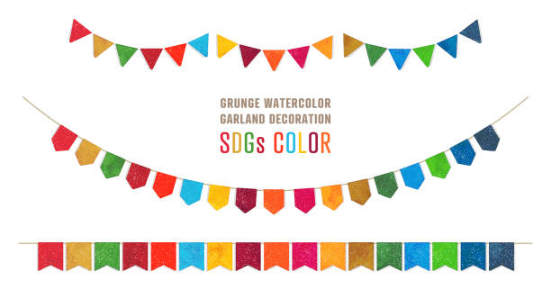 grunge aquarell girlande dekoration (sdgs farbe) - bunte fähnchen stock-grafiken, -clipart, -cartoons und -symbole