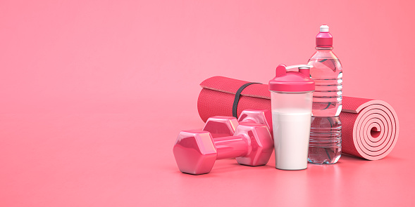 Sport equipment, mat, dumbells and protein shaker  for fitness and gym on pink background. 3d illustration