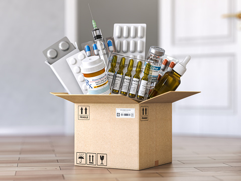 Open cardboard box with medicines and healthcare medication. Buying and delivery medications concept. 3d illustration
