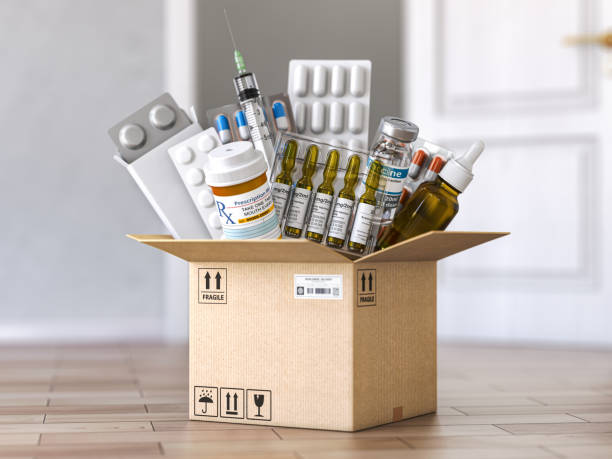 open cardboard box with medicines and healthcare medication. buying and delivery medications concept. - note pad medicine healthcare and medicine pharmacy imagens e fotografias de stock