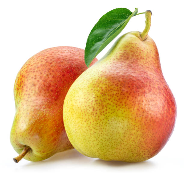 istock Ripe pears with green leaf isolated on white background. 1422794315