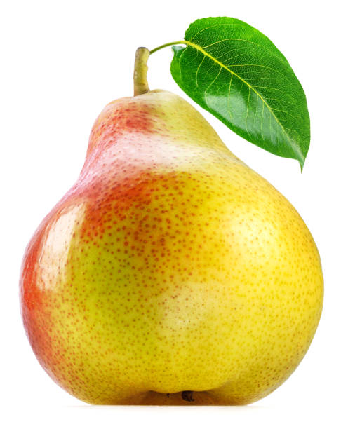 istock Ripe pear with green leaf isolated on white background. 1422794317