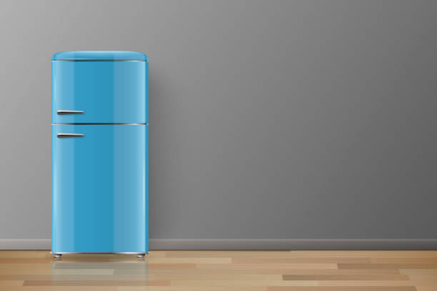 istock Vector Banner with 3d Realistic Glossy Blue Retro Vintage Fridge Isolated. Vertical Simple Refrigerator. Closed Fridge. Design Template, Mockup of Fridge. Front View 1422794500