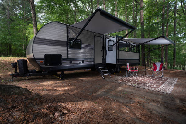 istock Travel trailer set up at a campsite 1422794770