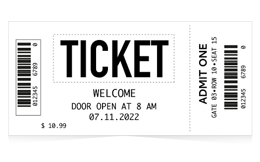 Ticket Illustration ticket concept, with black and white elements, admit one coupon mention, code and text elements for arts festival and events.