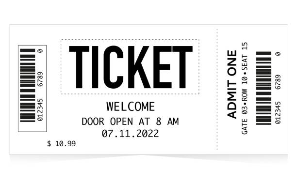 Ticket Illustration ticket concept Ticket Illustration ticket concept, with black and white elements, admit one coupon mention, code and text elements for arts festival and events. ticket stock illustrations