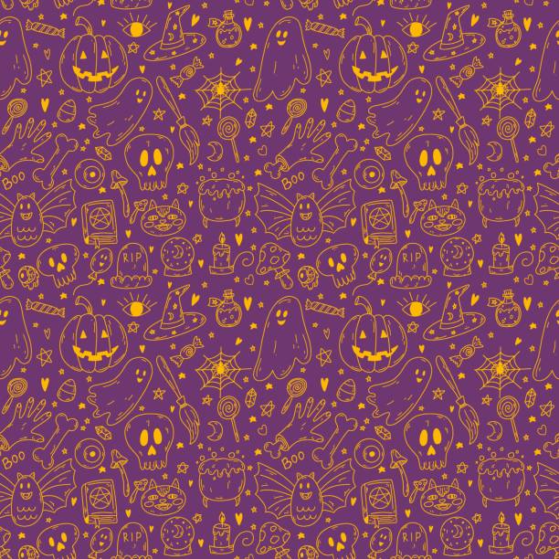 ilustrações de stock, clip art, desenhos animados e ícones de seamless pattern with doodle cartoon halloween objects in orange neon color on lilac background. sketch of ghost, pumpkin, bone, poison, skull, spell book, cat, candle, bat, grave - witch halloween cauldron bat