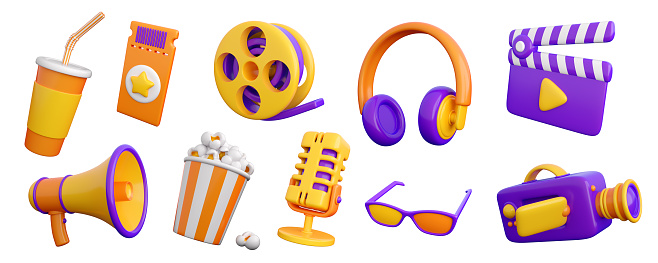 Set 3D de iconos de cine, cine, teatro, video y audio. photo
