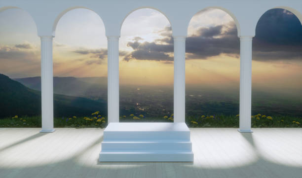 istock Soft focus white podium in big building 1422800467