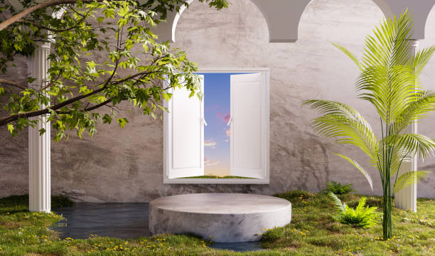 istock loft podium with loft wall style with white opened door with sunset 1422800476
