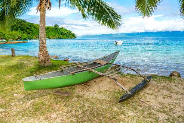 istock Green outrigger on tropical beach 1422804499
