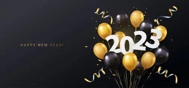 Vector illustration of Happy New Year 2023. Vector illustration of paper cut 2023 with sparkling confetti, tinsel, gold and black 3d realistic flying balloons. Design for seasonal holidays flyers, greetings and invitations