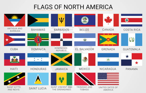 illustrazioni stock, clip art, cartoni animati e icone di tendenza di pacchetto di bandiere del nord america. illustrazione vettoriale delle bandiere dell'america centrale - barbados flag illustrations