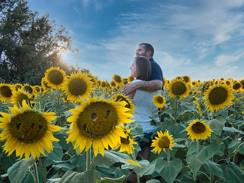 Man in blue shirt hugging a woman in a white shirt while standing in the middle of a beautiful Lawrence Kansas sunflower field
