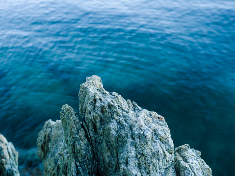 Seabed in summer day. Green deep calm water and rock of shore.