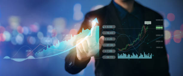 istock Business virtual screen graph chart digital technology and trader online trading investment in stock market for cryptocurrency money and bitcoins using data in blockchain. 3D illustration banner. 1422808809