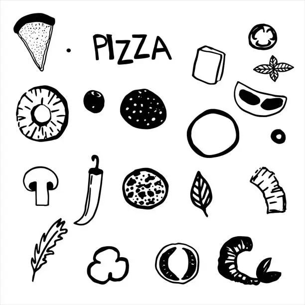 Vector illustration of Vector set of Italian pizza ingredient composition