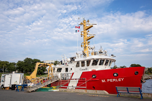 Sydney, Canada - August 26, 2022. Canadian coast guard ship stationed at the Sydney cruise ship terminal in Nova Scotia.