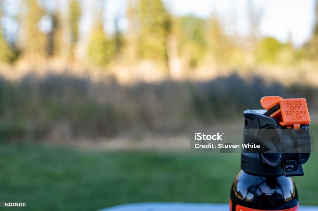 Aerosol trigger of a can of bear spray in an outdoor setting Aerosol trigger of a can of bear spray in an outdoor setting. High quality photo Bear Stock Photo