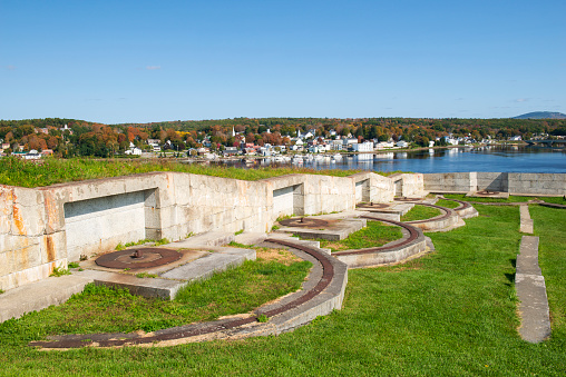 Prospect, USA - October 9, 2021. Scenic view of Penobscot River and Fort Knox, Prospect, Maine, USA