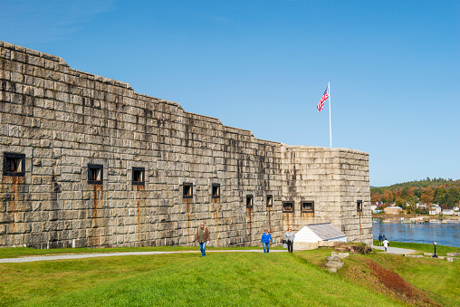 Prospect, USA - October 9, 2021. Tourists walking along the wall at Fort Knox, Prospect, Maine, USA