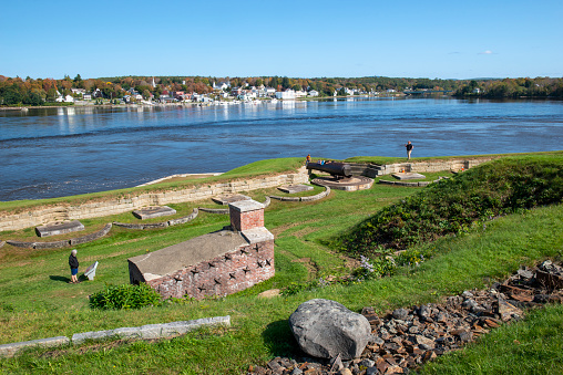 Prospect, USA - October 9, 2021. Scenic view of Penobscot River with tourists at Fort Knox, Prospect, Maine, USA