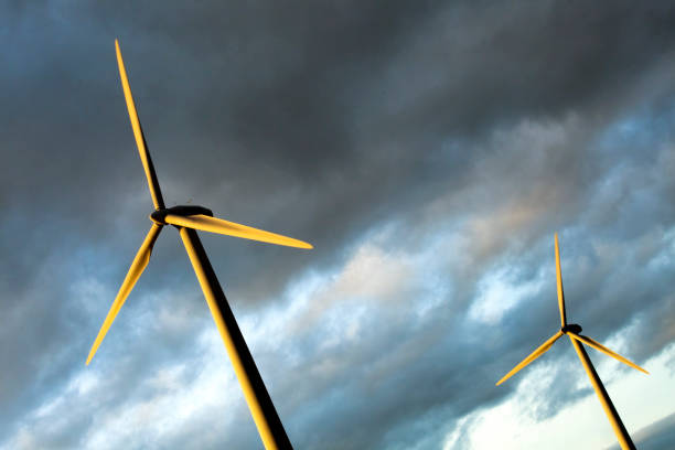 wind turbines, sky and cloudscape, sustainable energy - personal perspective wind turbine generator electricity imagens e fotografias de stock