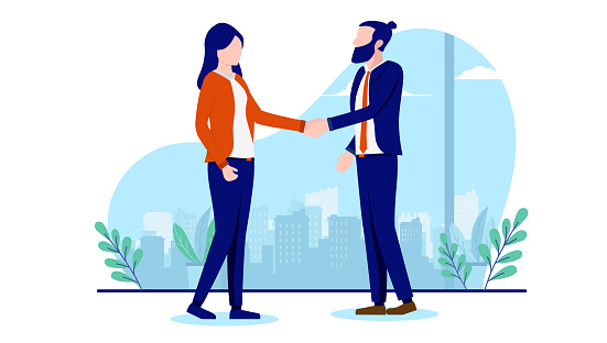 Man and woman shaking hands in business deal and agreement. Flat design vector illustration with white background