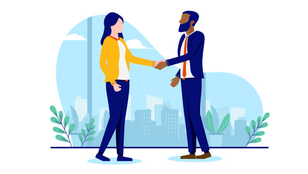 разностороннее рукопожатие с двумя бизнесменами - businessman two people business person handshake stock illustrations