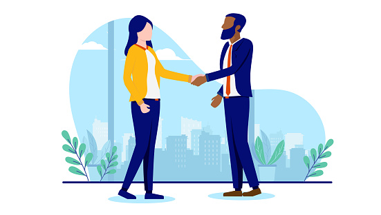 Caucasian woman and black man shaking hands in business deal. Flat design vector illustration with white background