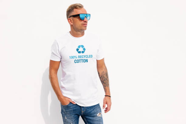 istock Man wearing shirt made from recycled cotton 1422817844