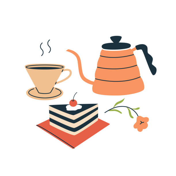 ilustrações de stock, clip art, desenhos animados e ícones de hot drink, kettle and dessert - flower cherry cup tea