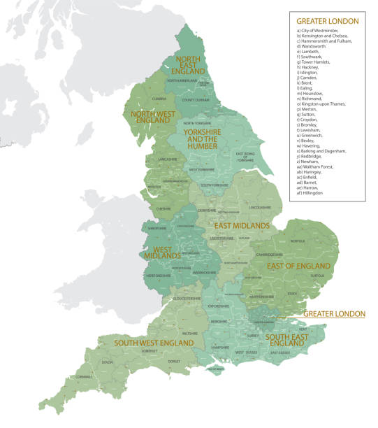 ilustraciones, imágenes clip art, dibujos animados e iconos de stock de mapa detallado de inglaterra con divisiones administrativas en regiones, condados y distritos, principales ciudades del país, ilustración vectorial en fondo blanco - southeast england illustrations