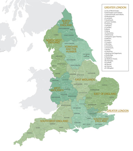 ilustrações, clipart, desenhos animados e ícones de mapa detalhado da inglaterra com divisões administrativas em regiões, condados e distritos, principais cidades do país, ilustração vetorial sobre fundo branco - uk map regions england