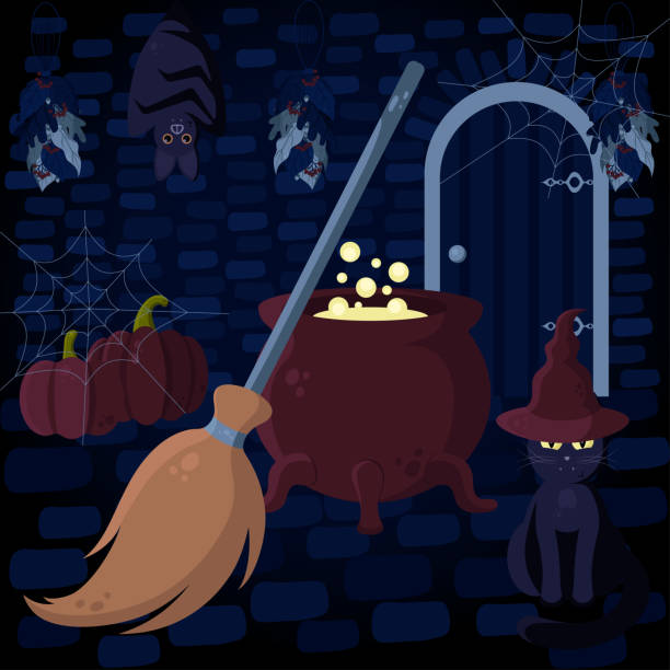 ilustrações de stock, clip art, desenhos animados e ícones de witch's hut vector illustration with cauldron, broom, cat, pumpkins, bat, herbs and spider web. perfect for halloween banners, printed materials, social media, etc. - witch halloween cauldron bat