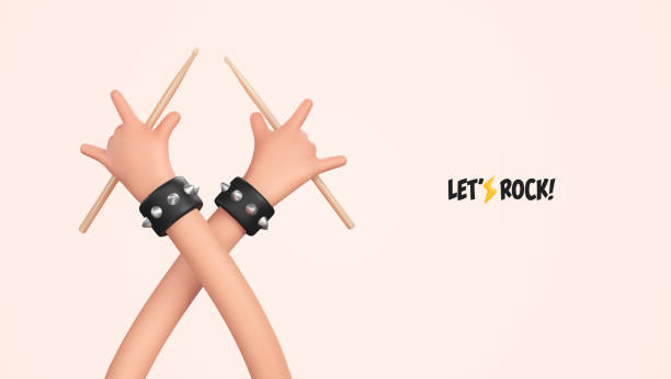 Rockstar drummer with drumsticks in his hands music vector illustration. 3d cartoon ui hero hands sign of the Rock festival music banner template two hands gesture heavy metal Rockstar drummer with drumsticks in his hands music vector illustration. 3d cartoon ui hero hands sign of the Rock festival music banner template two hands gesture heavy metal. drummer hands stock illustrations