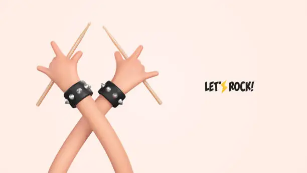 Vector illustration of Rockstar drummer with drumsticks in his hands music vector illustration. 3d cartoon ui hero hands sign of the Rock festival music banner template two hands gesture heavy metal