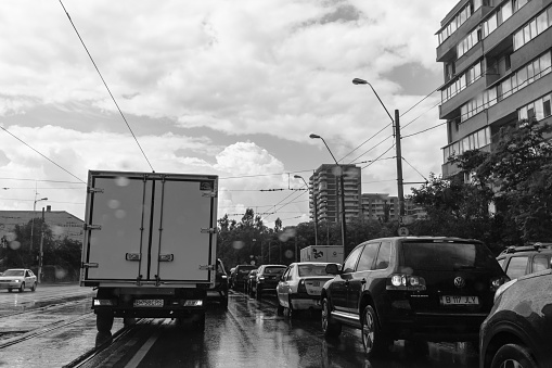 Car traffic, pollution, traffic jam in Bucharest, Romania, 2022